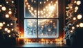 Festive Winter Window with Christmas Lights and Frosted Glass, AI Generated Royalty Free Stock Photo