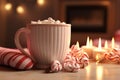 Cozy winter scene with a festive mug of cocoa