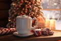 Cozy winter scene with a festive mug of cocoa