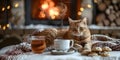 Cozy winter scene with a ginger cat tea cookies fireplace and snow. Concept Winter Scenes, Ginger Cat, Tea Time, Fireplace Royalty Free Stock Photo