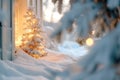 Cozy winter scene with lit christmas tree by a snowy window during twilight Royalty Free Stock Photo