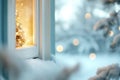 Cozy winter scene with lit christmas tree by a snowy window during twilight Royalty Free Stock Photo