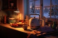 cozy winter scene with slow cooker and warm lighting Royalty Free Stock Photo