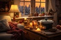 cozy winter scene with slow cooker and warm lighting Royalty Free Stock Photo