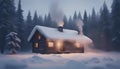 Cozy Winter Scene: Smoke Rising from a Snowy Forest Cabin\'s Chimney