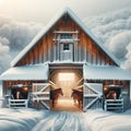 Cozy Winter Scene: Snow-Covered Barn with Horses Royalty Free Stock Photo