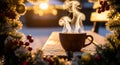 Cozy winter scene with steaming hot drink in a cup on table with holiday decorations Royalty Free Stock Photo