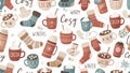 Cozy Winter Seamless Pattern with Hot Cocoa and Knitted Accessories Royalty Free Stock Photo