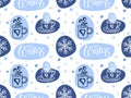 Cozy winter seamless pattern with hot drink cup, snowflake, lettering. Blue Winter repeated sketch background. Vector