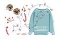 Cozy winter set with hand drawn elements. Warm knitted sweater, light garland, cookies, Candy cane, berries. Winter