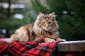 Cozy Winter Sled with Plaid Blankets and Snowy Pine Cones Royalty Free Stock Photo