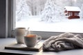 Cozy winter still life cup of hot coffee and opened book with warm plaid on vintage windowsill of cottage against snow landscape