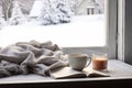 Cozy winter still life cup of hot coffee and opened book with warm plaid on vintage windowsill of cottage against snow landscape