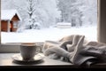 Cozy winter still life cup of hot coffee and opened book with warm plaid on vintage windowsill of cottage against snow landscape Royalty Free Stock Photo