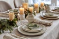 Cozy winter table setting with neutral tones and natural elements for a festive atmosphere Royalty Free Stock Photo
