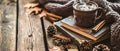 Cozy Winter-Themed Table with Hot Cocoa and Books Royalty Free Stock Photo