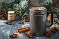 Cozy Winter Treat. Hot Chocolate in a Festive Mug Amidst Pine Cones