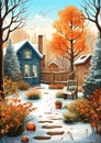 Cozy Winter Vibes: A Serene Scene of Falling Leaves, Warm Colors