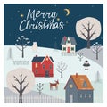 Cozy winter village with funny animals,Christmas card, Merry christmas