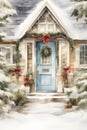 Cozy Winter Welcome: A Charming Pencil Drawing of a Blue Door Wr