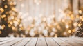 Cozy Winter Wonderland Empty Wooden Table Top with Abstract Warm Living Room Decor, Christmas Tree String Light Blur Background, Royalty Free Stock Photo