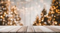 Cozy Winter Wonderland Empty Wooden Table Top with Abstract Warm Living Room Decor, Christmas Tree String Light Blur Background, Royalty Free Stock Photo
