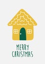 Cozy winter yellow house on grey background. Cute hand drawn icon