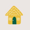 Cozy winter yellow house on grey background. Cute hand drawn icon
