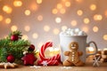 Cozy wintertime scene. Gingerbread man, cup of hot cocoa with marshmallow and Christmas fir branch Royalty Free Stock Photo