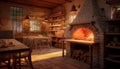 Cozy wood fire warms rustic cottage kitchen on winter night generated by AI Royalty Free Stock Photo