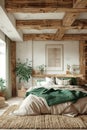 Cozy wooden bedroom interior with natural light and lush plants