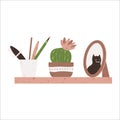 Cozy wooden bookshelf with stationery, cactus in flowerpot and frame in Scandinavian style. Single wall shelf with various dÃÂ©cor