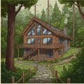 A cozy wooden cabin in a forest setting features large, angular windows and a sloped Royalty Free Stock Photo
