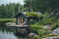 A cozy wooden cabin with a green roof sits on the waterfront, surrounded by the lush greenery of a serene forest, reflecting a Royalty Free Stock Photo