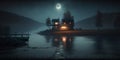 Cozy wooden cabin between the mountains at night by the lake and full moon. Generative AI Royalty Free Stock Photo