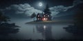 Cozy wooden cabin between the mountains at night by the lake and full moon. Generative AI Royalty Free Stock Photo