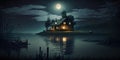 Cozy wooden cabin between the mountains at night by the lake and full moon. Generative AI Royalty Free Stock Photo