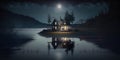 Cozy wooden cabin between the mountains at night by the lake and full moon. Generative AI Royalty Free Stock Photo