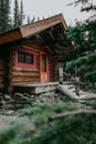 Wooden cabin on shore of Lake Ohara, BC, Canada