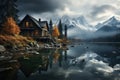 Autumn Cabin Retreat by Misty Mountain Lake. Generative AI Royalty Free Stock Photo