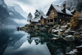 Autumn Cabin Retreat by Misty Mountain Lake. Generative AI Royalty Free Stock Photo