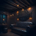Cozy Wooden Forest Cabin House Living Room Steampunk Details Cables And Lights And Retro Leather Sofa Couch In Midnight Generative Royalty Free Stock Photo