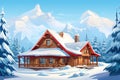 cozy wooden house on winter landscape