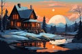 cozy wooden house on winter landscape AI generated