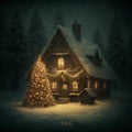 Cozy wooden hut in the forest shines with lights on Christmas Eve. Celebrating Yule