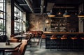 Cozy wooden interior of restaurant, copy space. Comfortable modern dining place, contemporary design background Royalty Free Stock Photo