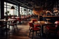 Cozy wooden interior of restaurant, copy space. Comfortable modern dining place, contemporary design background Royalty Free Stock Photo