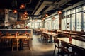 Cozy wooden interior of restaurant, copy space. Comfortable modern dining place, contemporary design background Royalty Free Stock Photo