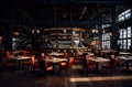 Cozy wooden interior of restaurant, copy space. Comfortable modern dining place, contemporary design background Royalty Free Stock Photo