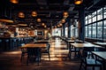 Cozy wooden interior of restaurant, copy space. Comfortable modern dining place, contemporary design background Royalty Free Stock Photo